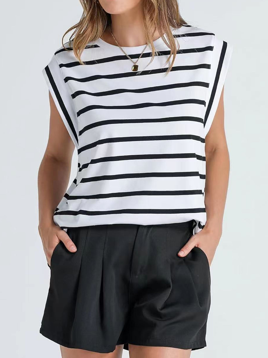 (S-2X) Happiest Here Striped Round Neck Cap Sleeve T-Shirt (Multiple Colors)