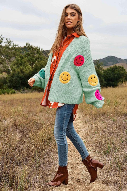 Keep Me Happy Fuzzy Smile Long Bell Sleeve Knit Cardigan