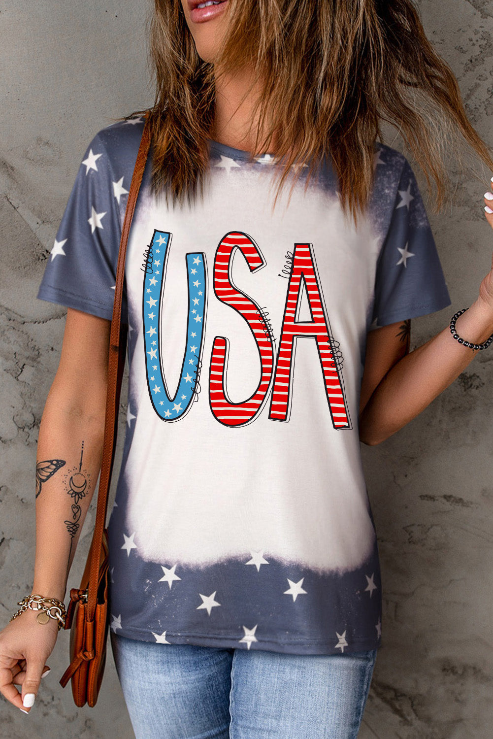 Stars and Stripes USA Round Neck Short Sleeve T-Shirt