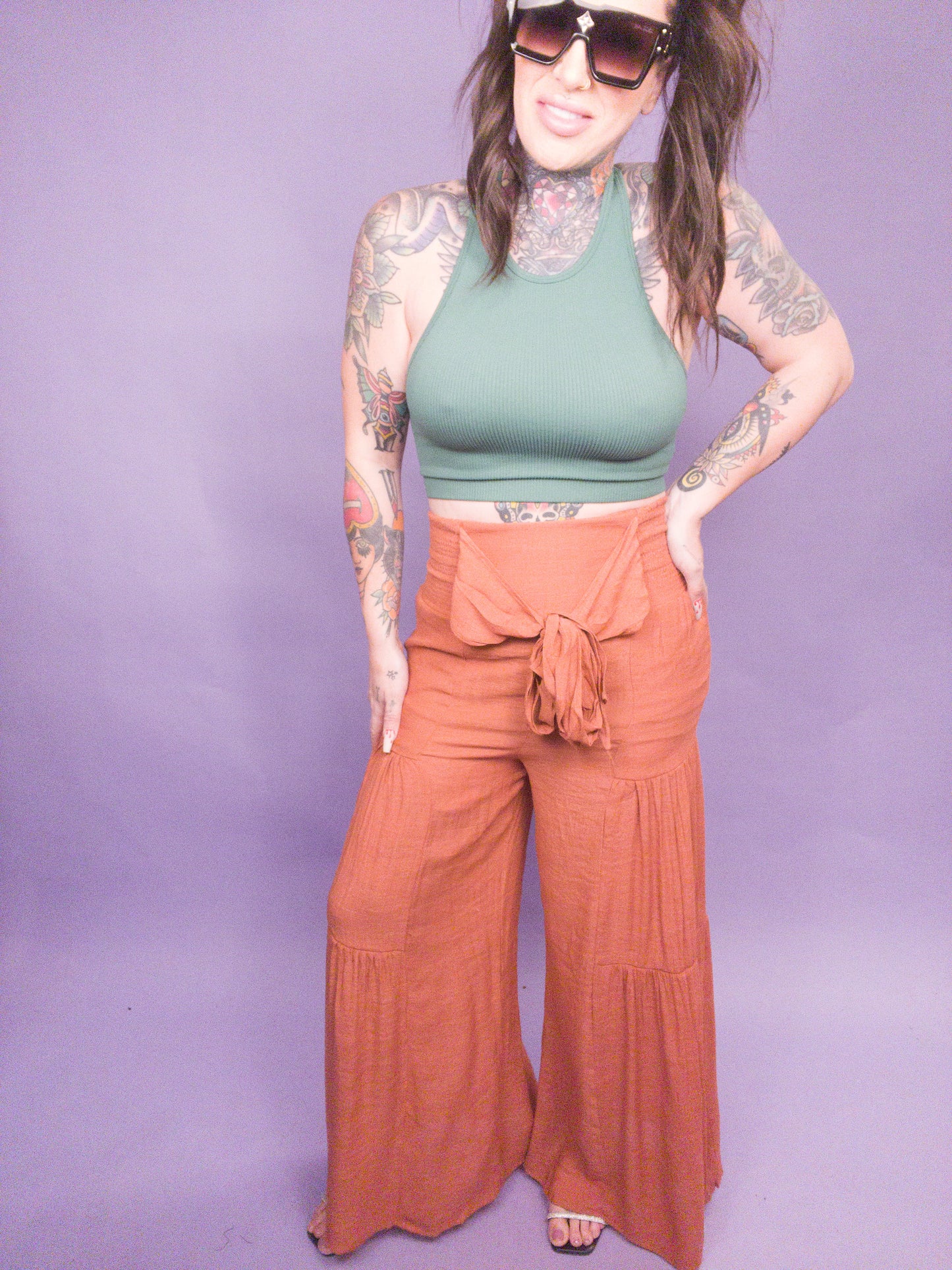 CURVY Jade By Jane - Tie Front Ruched Waist Back Pants