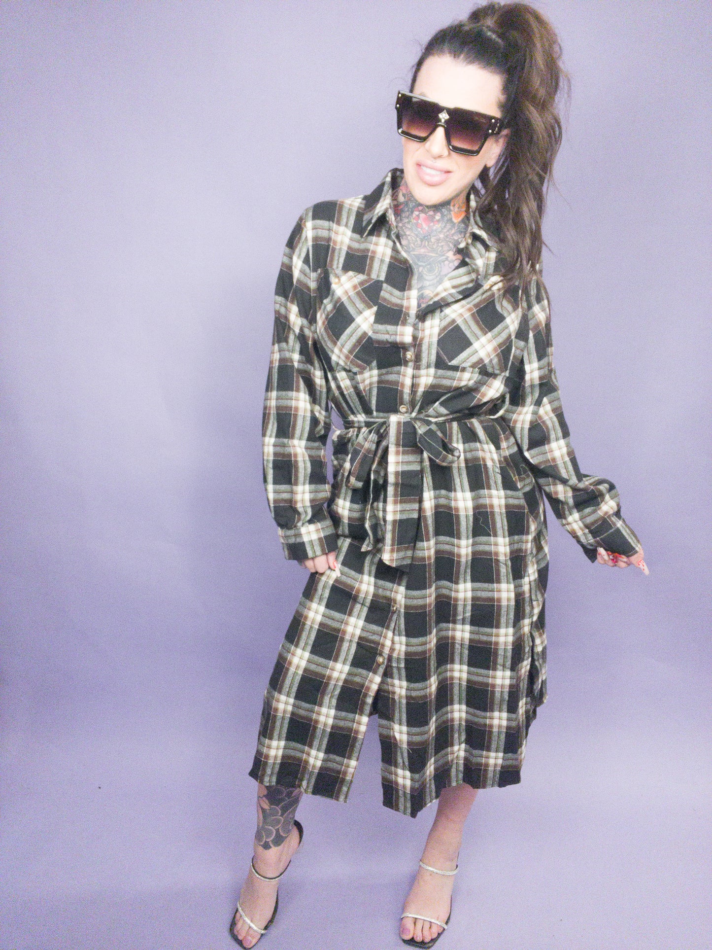 CURVY Jade By Jane - Plaid Print Collar Long Shirt Dress