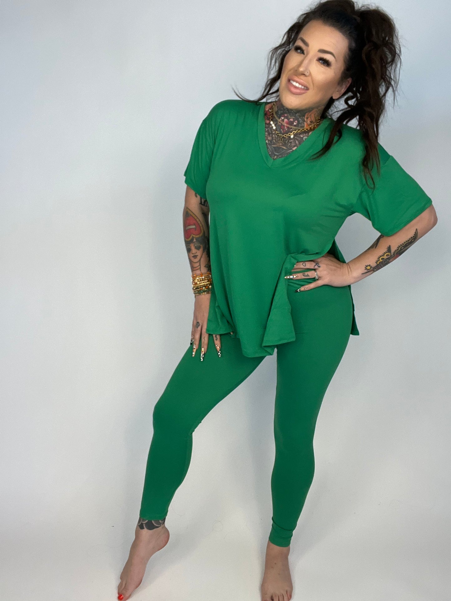 Chilling At Home or Out Oversized Side Slit V-Neck Tee & Leggings Set