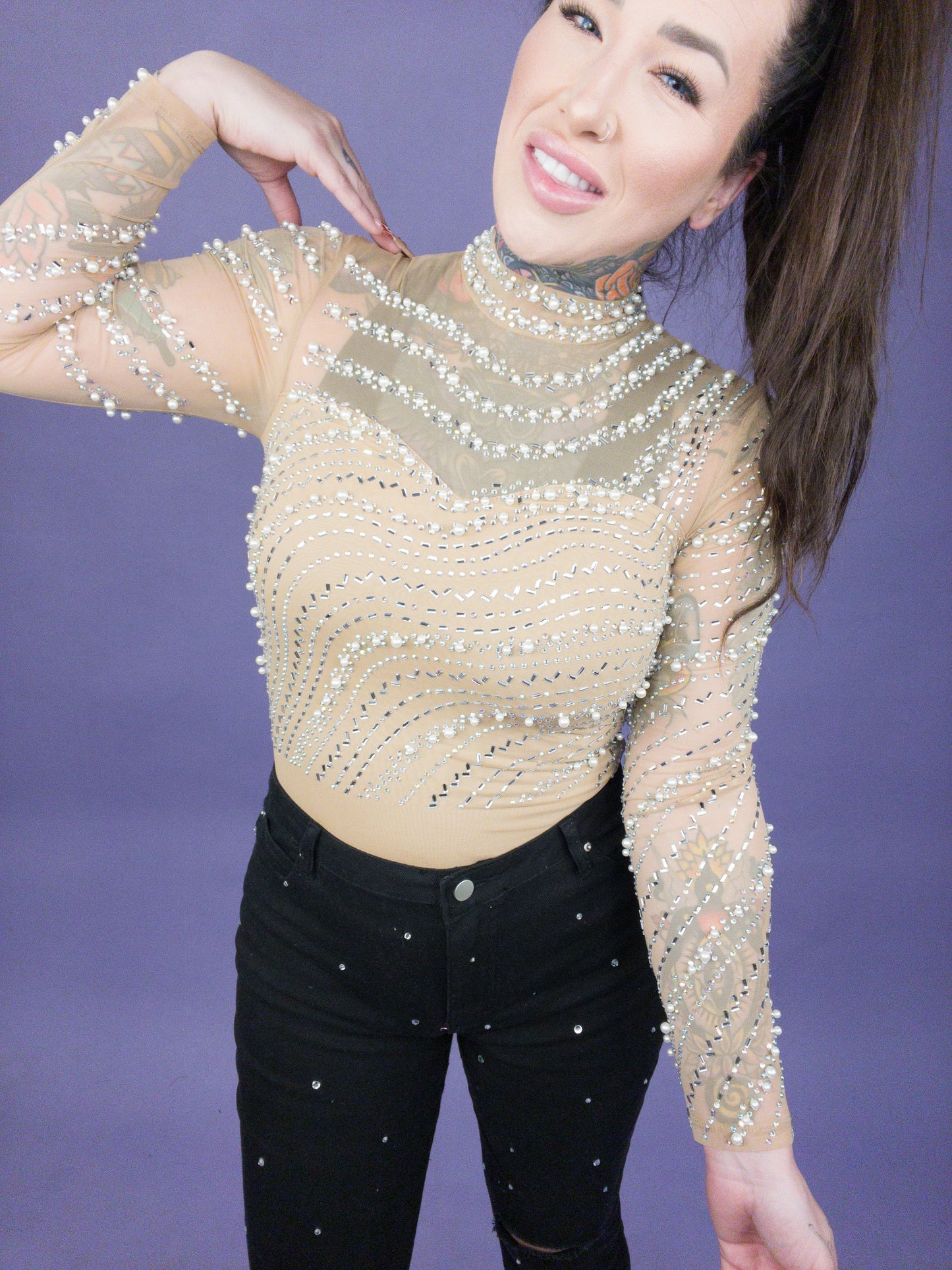 Delectable Diva Nude Rhinestone & Pearl Studded Bodysuit