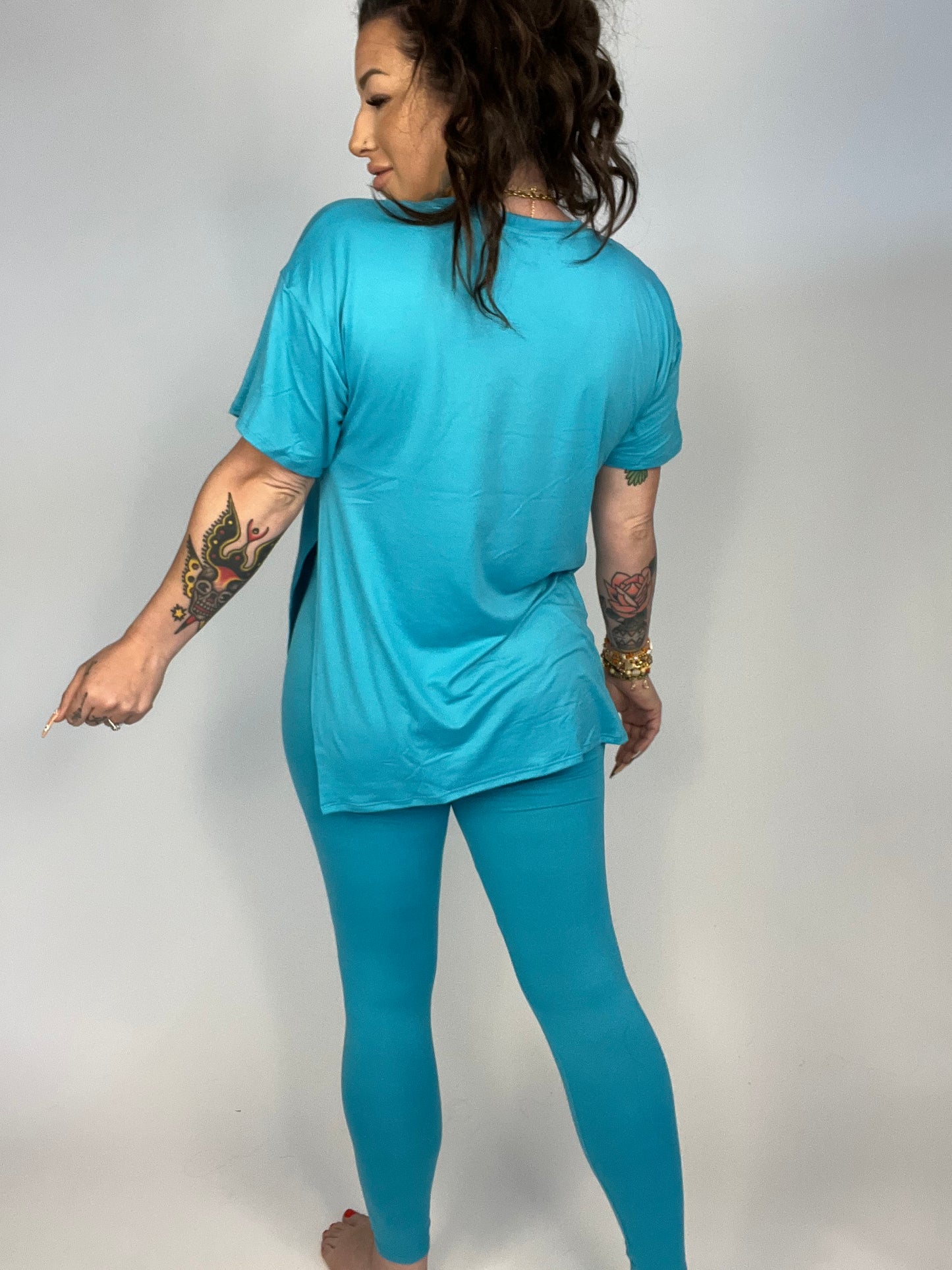 Chilling At Home or Out Oversized Side Slit V-Neck Tee & Leggings Set