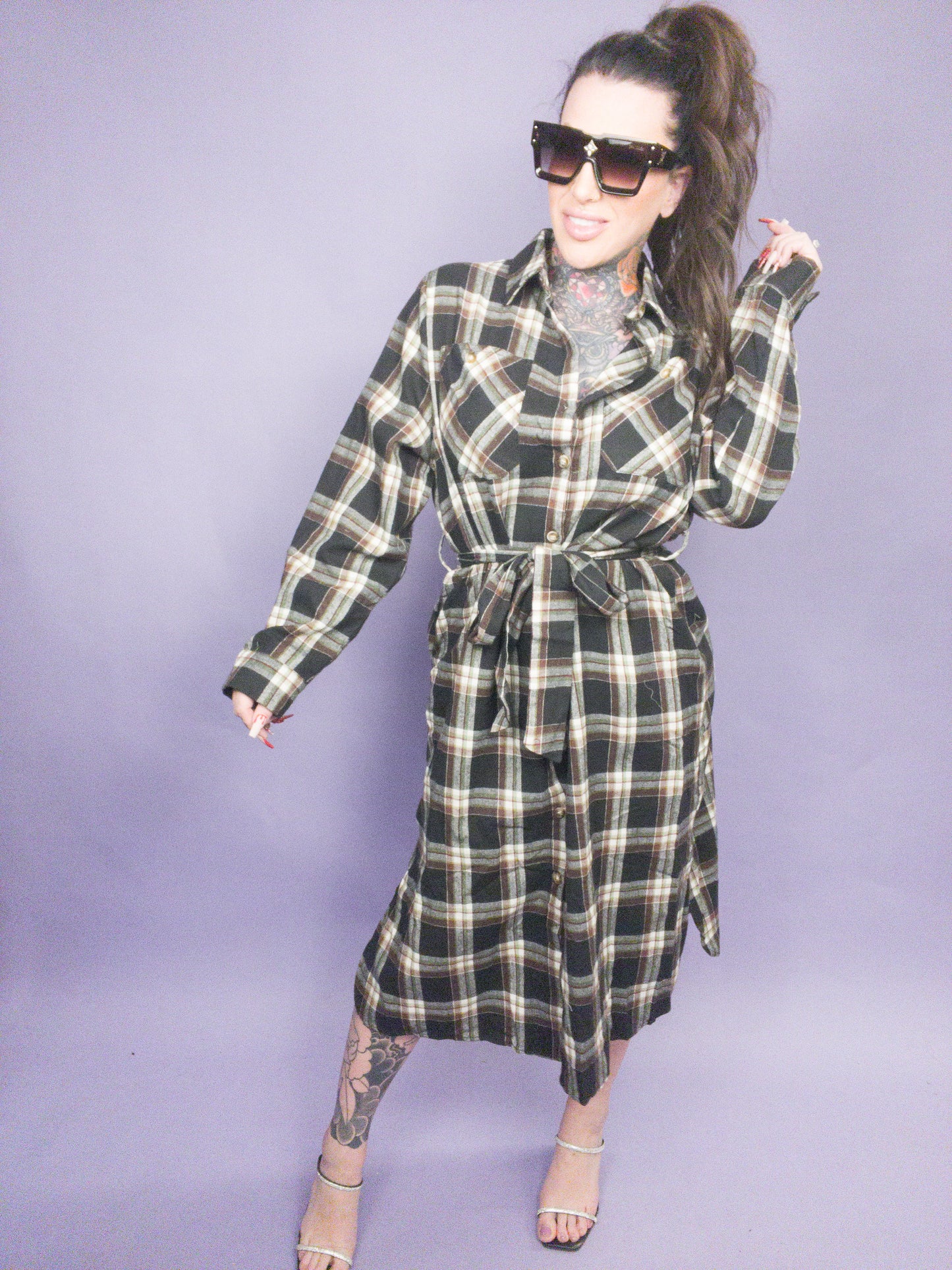 CURVY Jade By Jane - Plaid Print Collar Long Shirt Dress