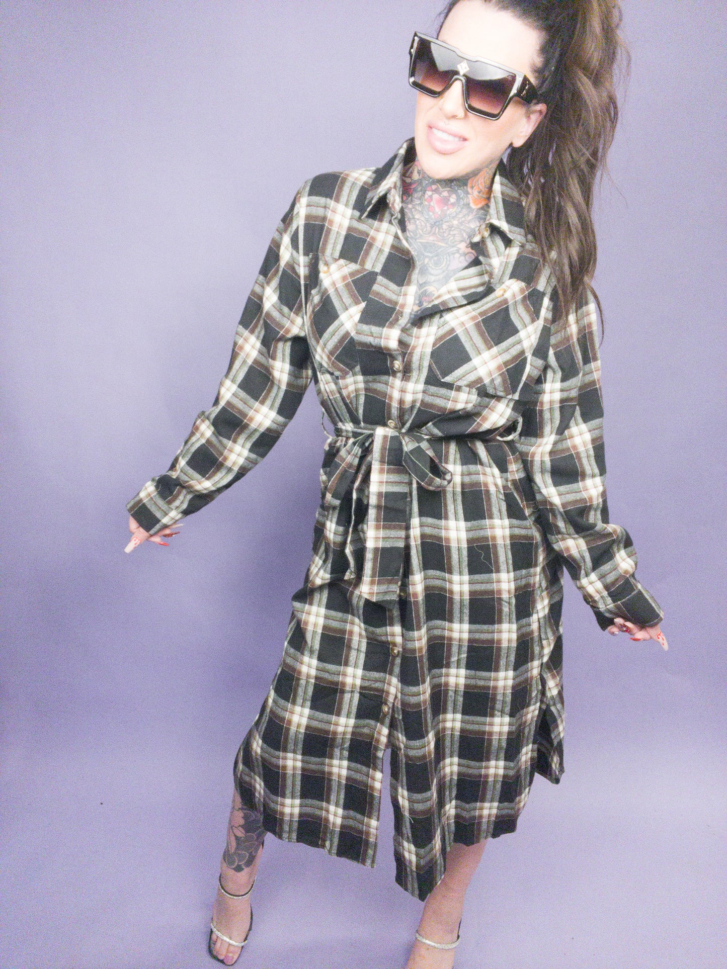 CURVY Jade By Jane - Plaid Print Collar Long Shirt Dress