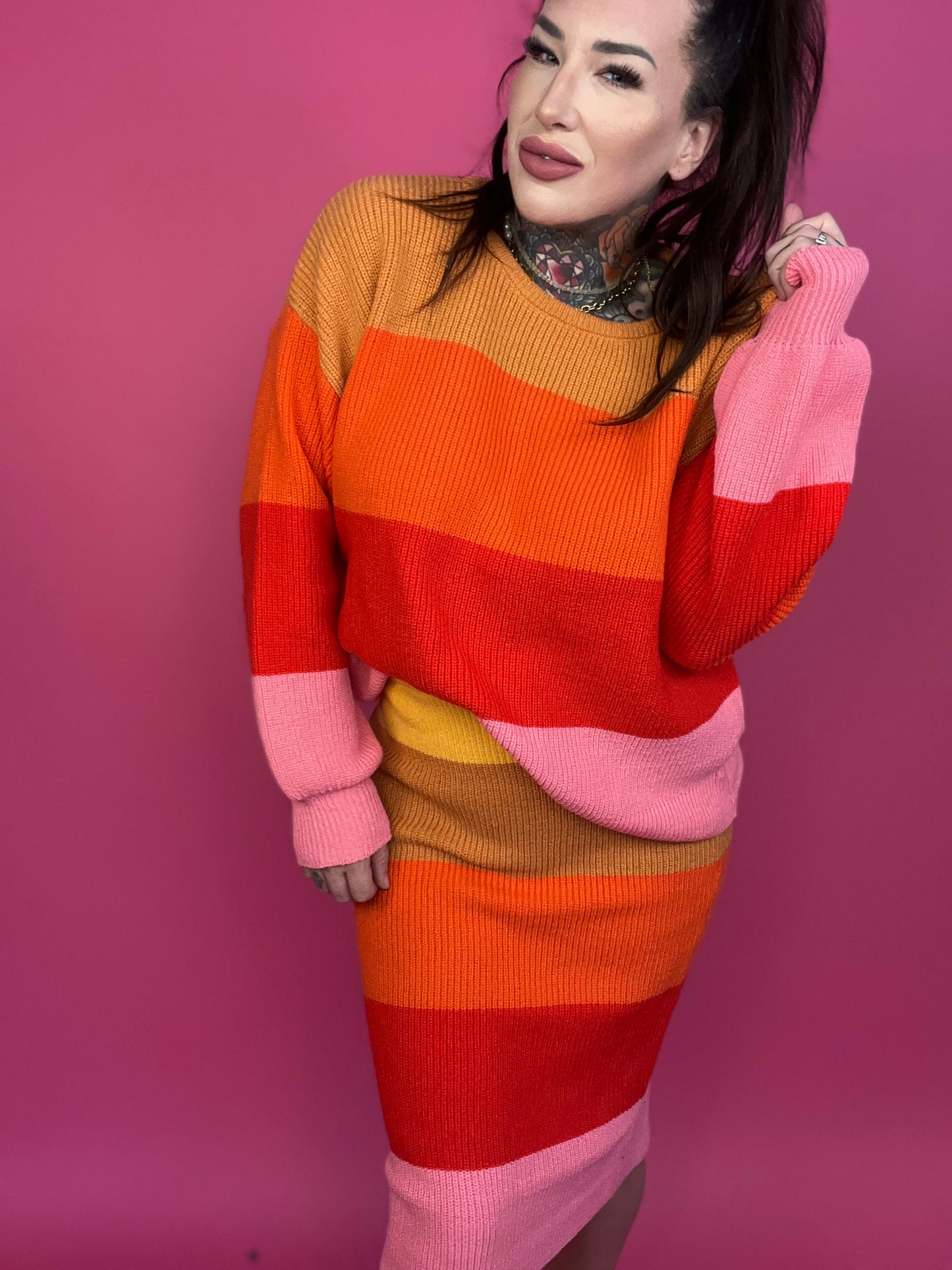 (TOP) Bold Rainbow Stripe Oversized Chunky Knit Pullover (MULTIPLE COLOR OPTIONS) - BP