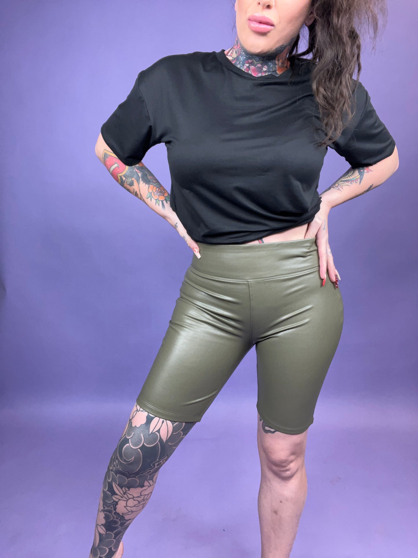 Olive Juice Vegan High Rise Pull On Biker Shorts