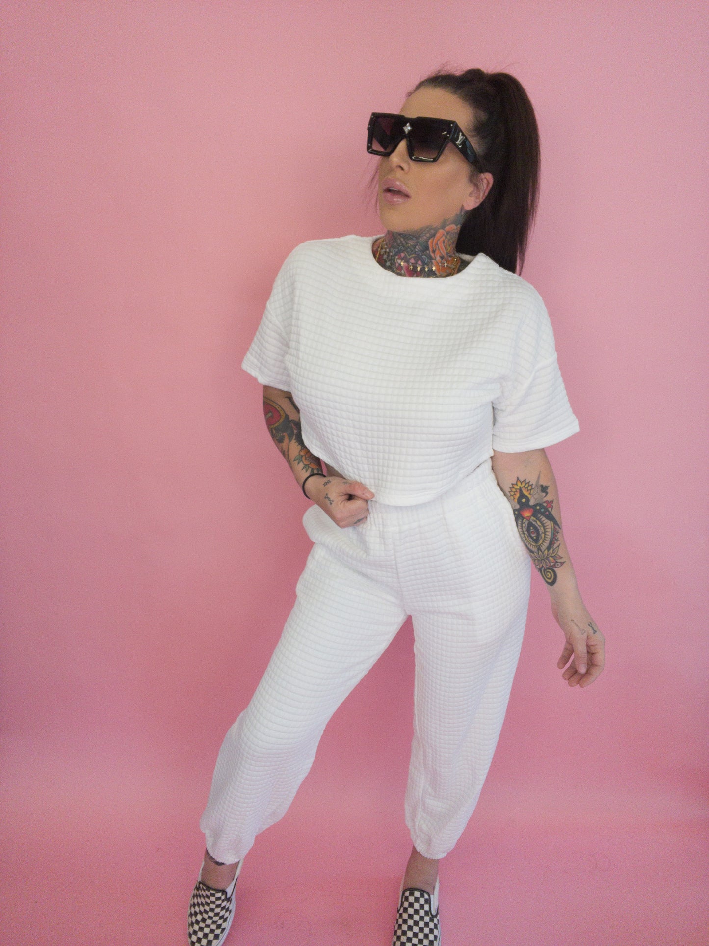 Vitamin D White Textured Cropped Tee Jogger Set