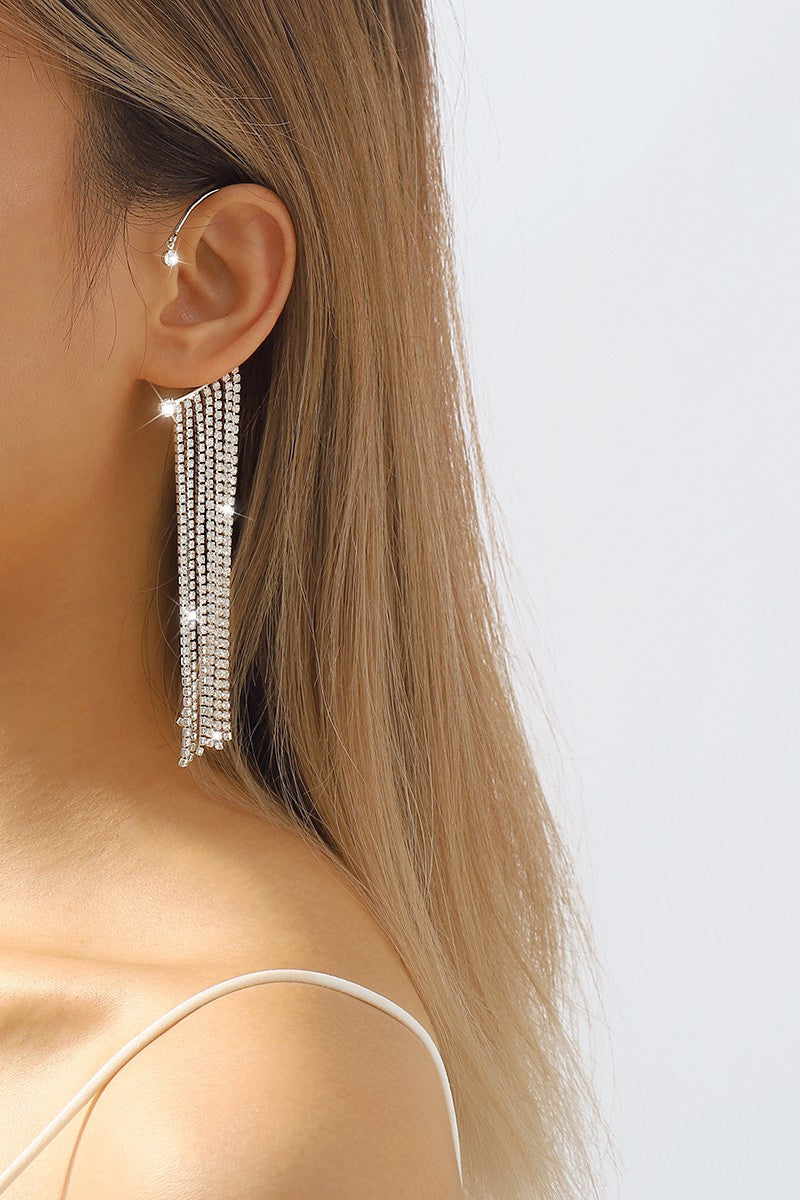 Glam Shot Long Tassel Rhinestone Ear Cuff Hanging Earrings