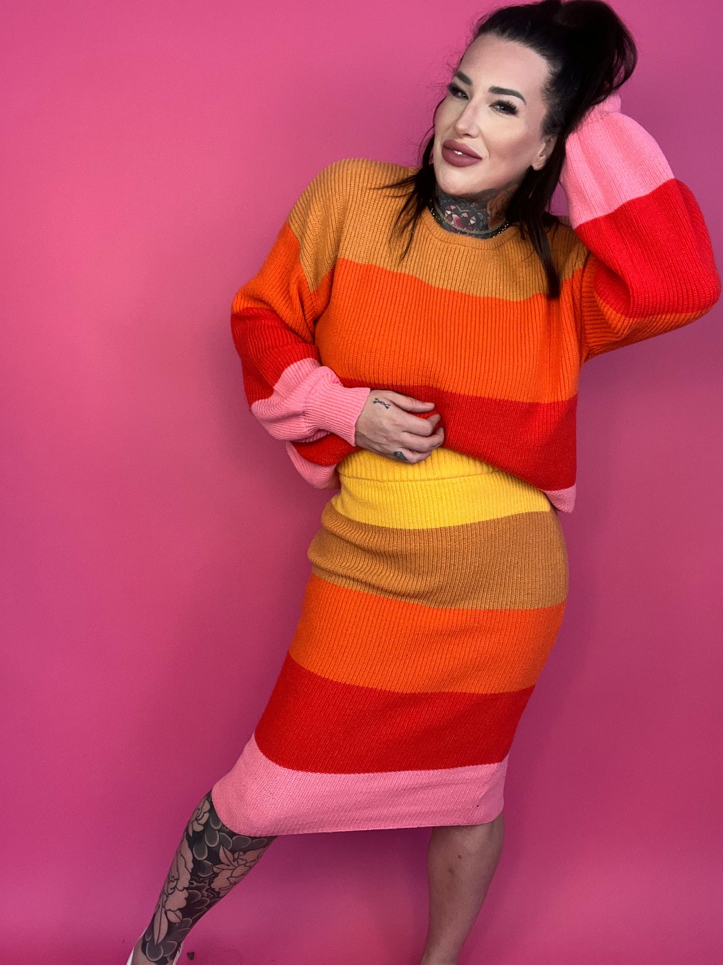 (TOP) Bold Rainbow Stripe Oversized Chunky Knit Pullover (MULTIPLE COLOR OPTIONS) - BP