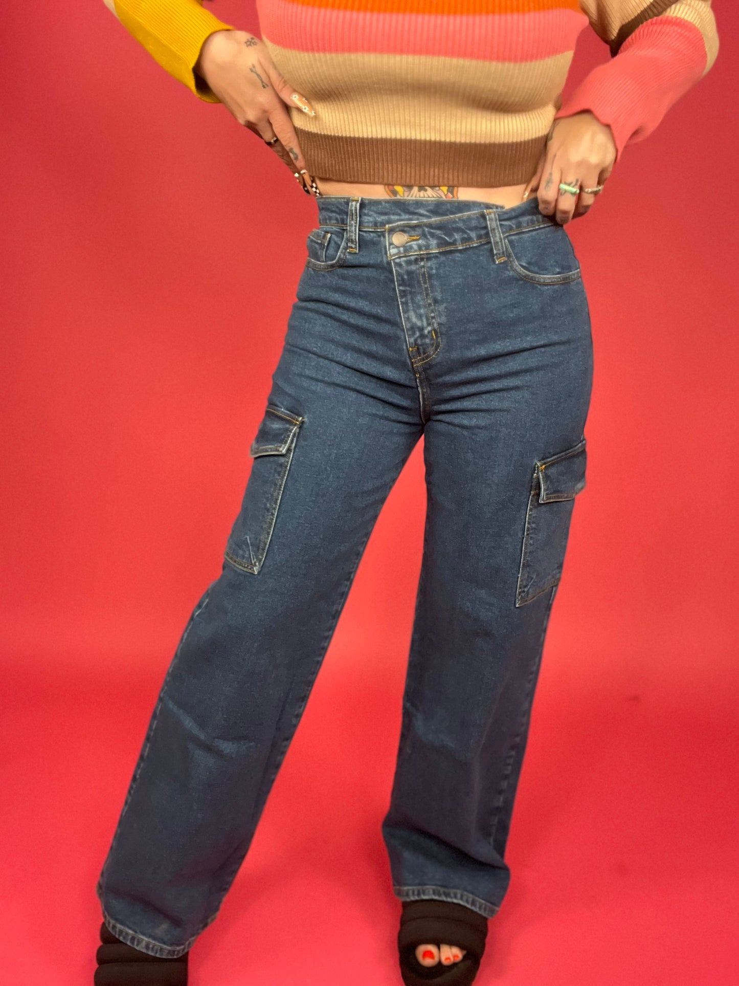 Vibrant M.I.U. - High Rise Crossed Waist Cargo Wide Jeans - BP