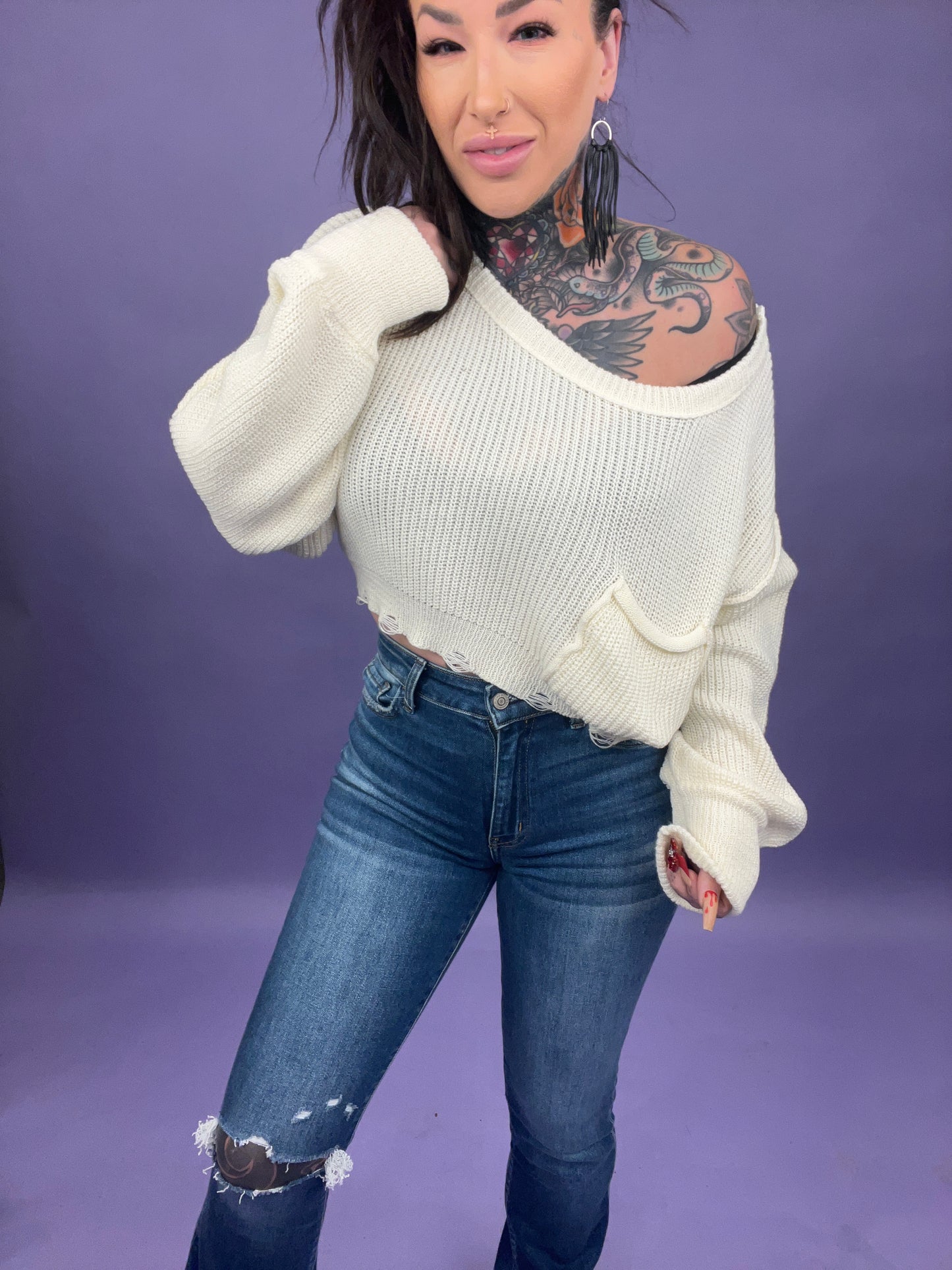 Writing My Own Story Distressed Cropped Round Neck Sweater