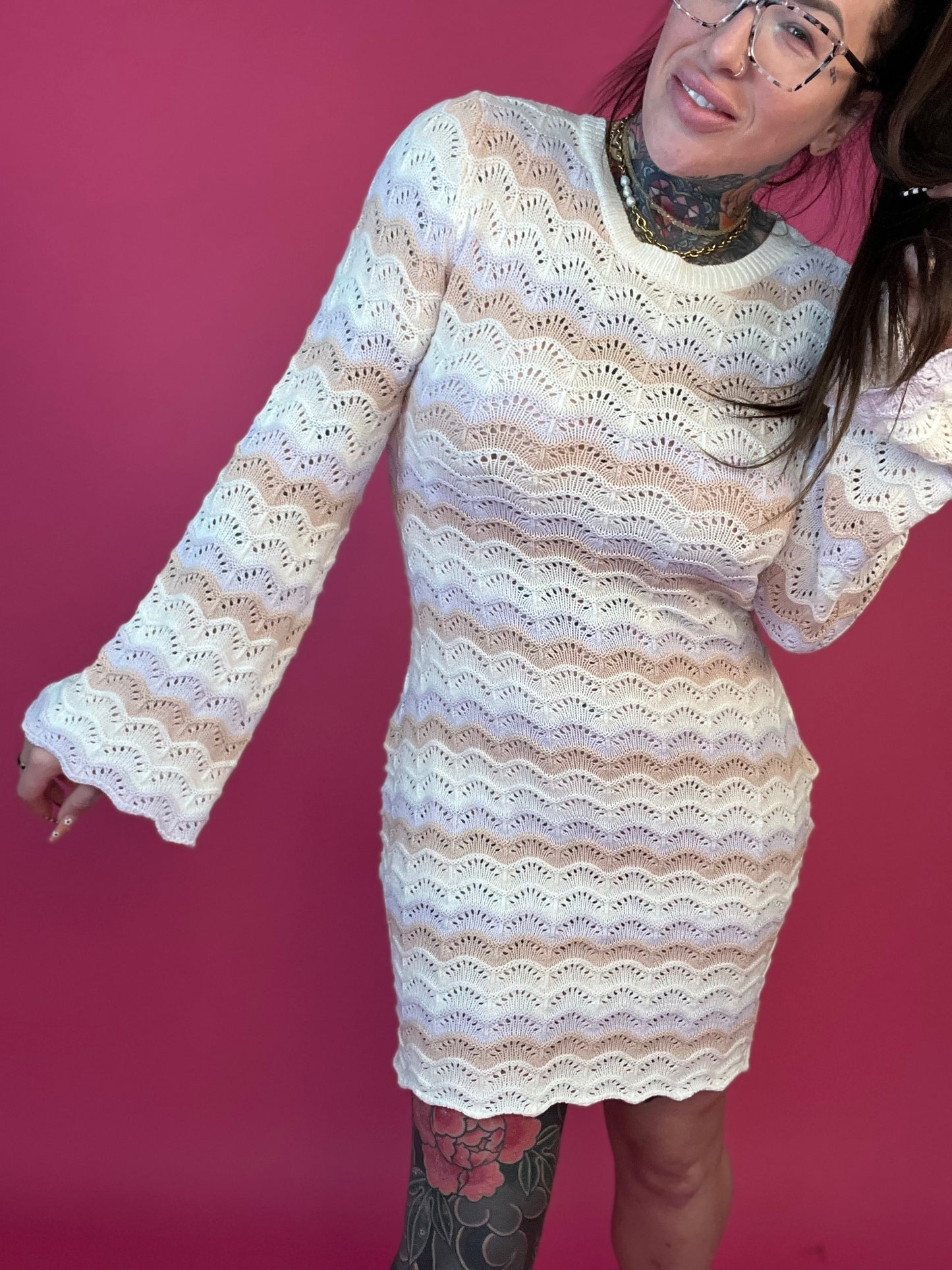 Round Neck Bell Sleeve Sweater Dress (Multiple Colors) - BP