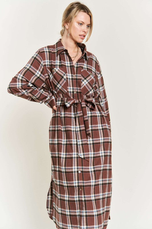 CURVY Jade By Jane - Plaid Print Collar Long Shirt Dress