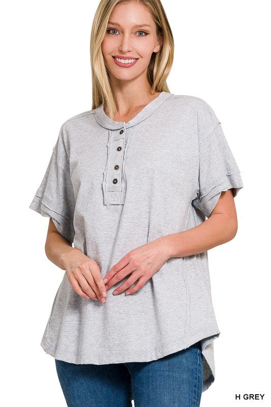 Raw Edge Detailed Button Closure Short Sleeve Top (Multiple Colors)