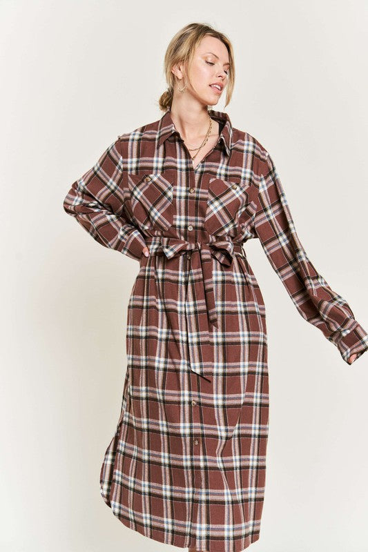 CURVY Jade By Jane - Plaid Print Collar Long Shirt Dress