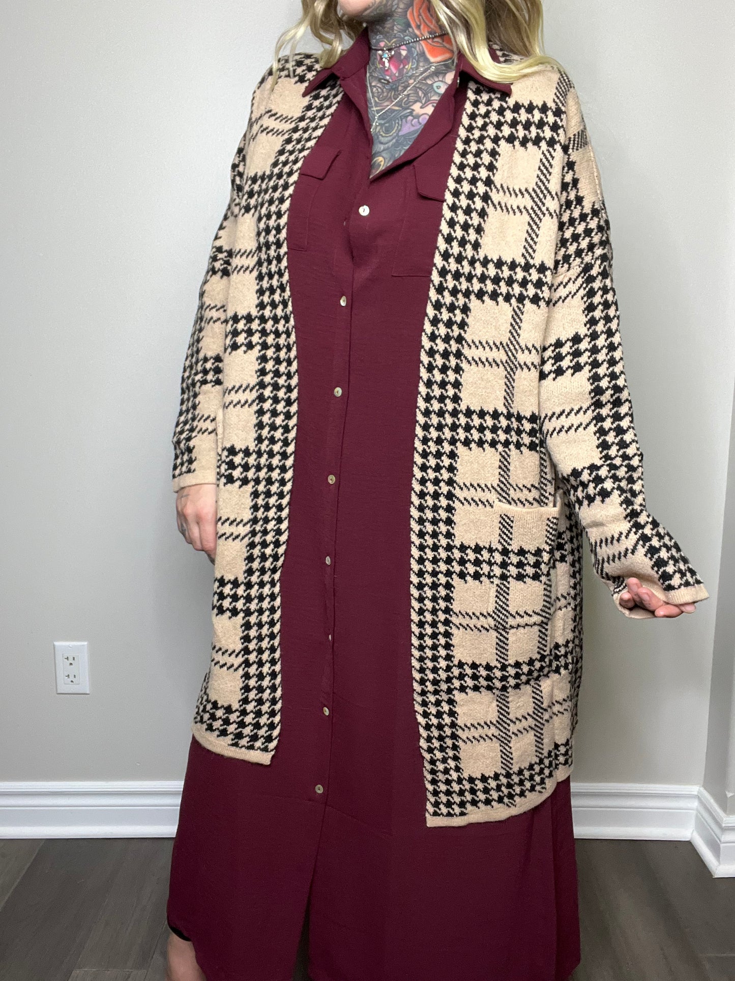 Rare Find Curvy Houndstooth Print Longline Cardigan