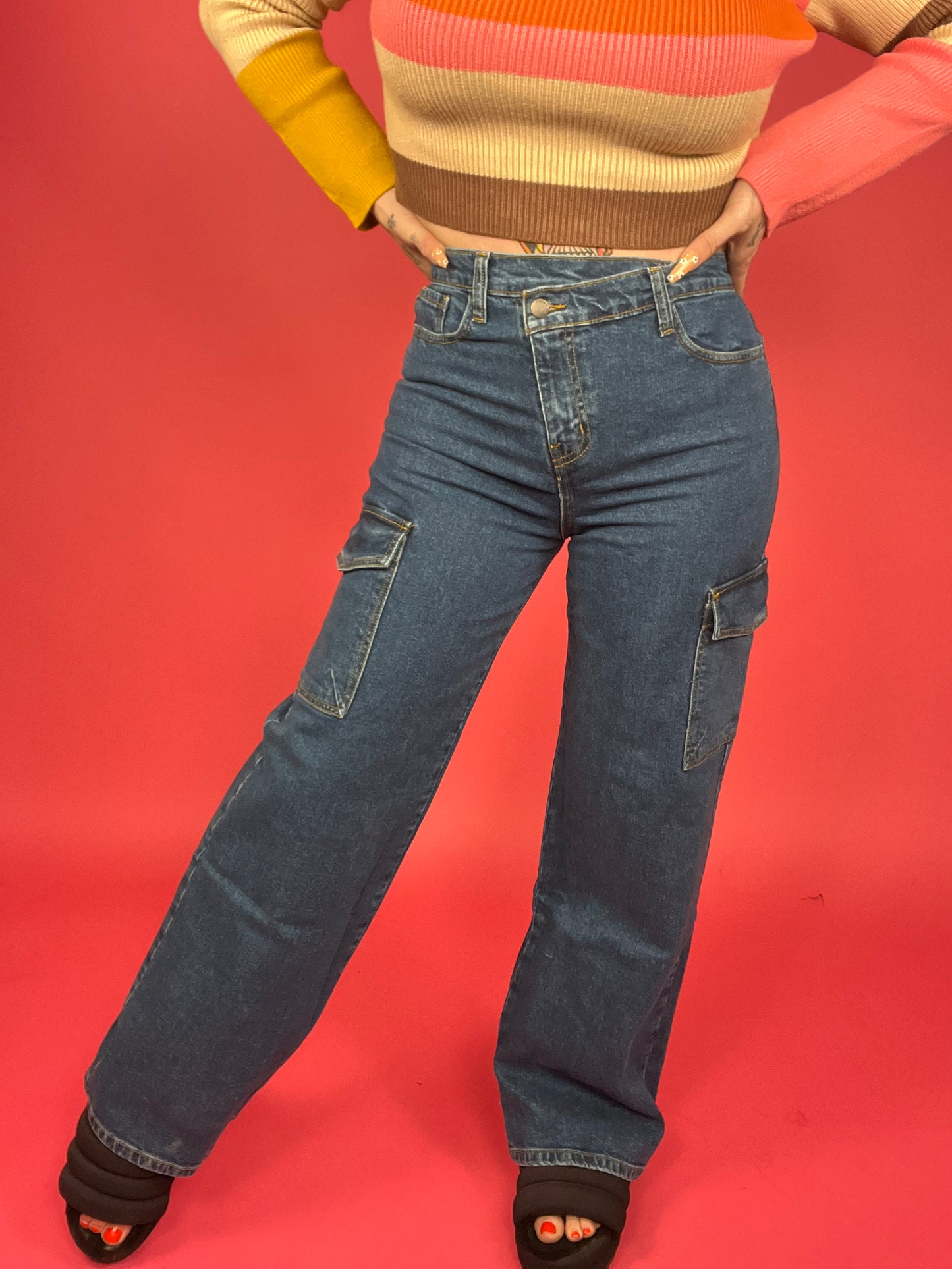 Vibrant M.I.U. - High Rise Crossed Waist Cargo Wide Jeans - BP