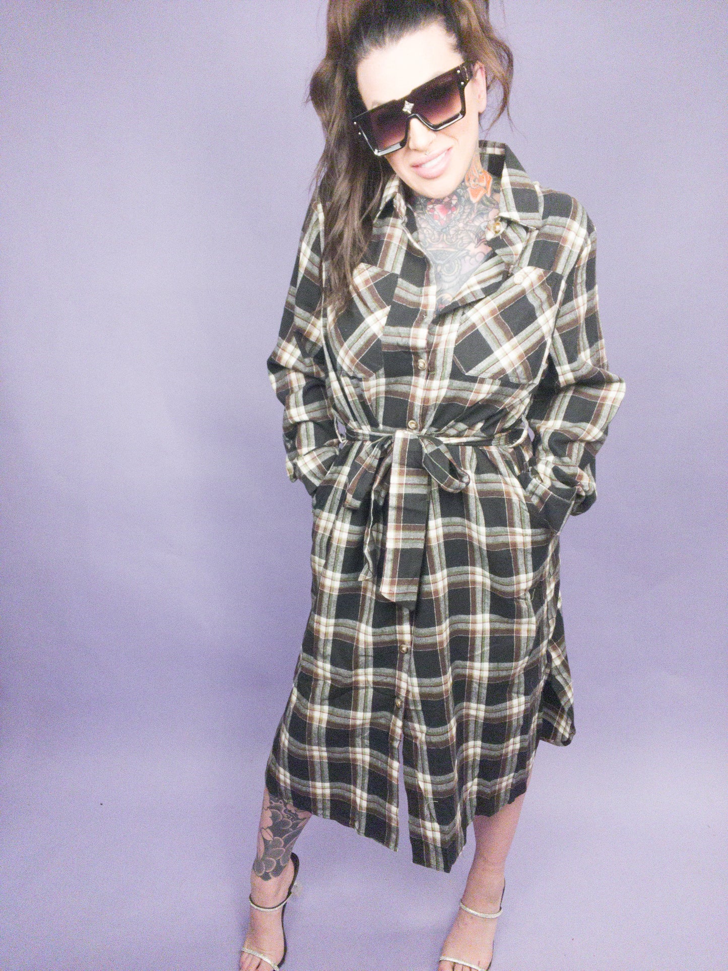 CURVY Jade By Jane - Plaid Print Collar Long Shirt Dress