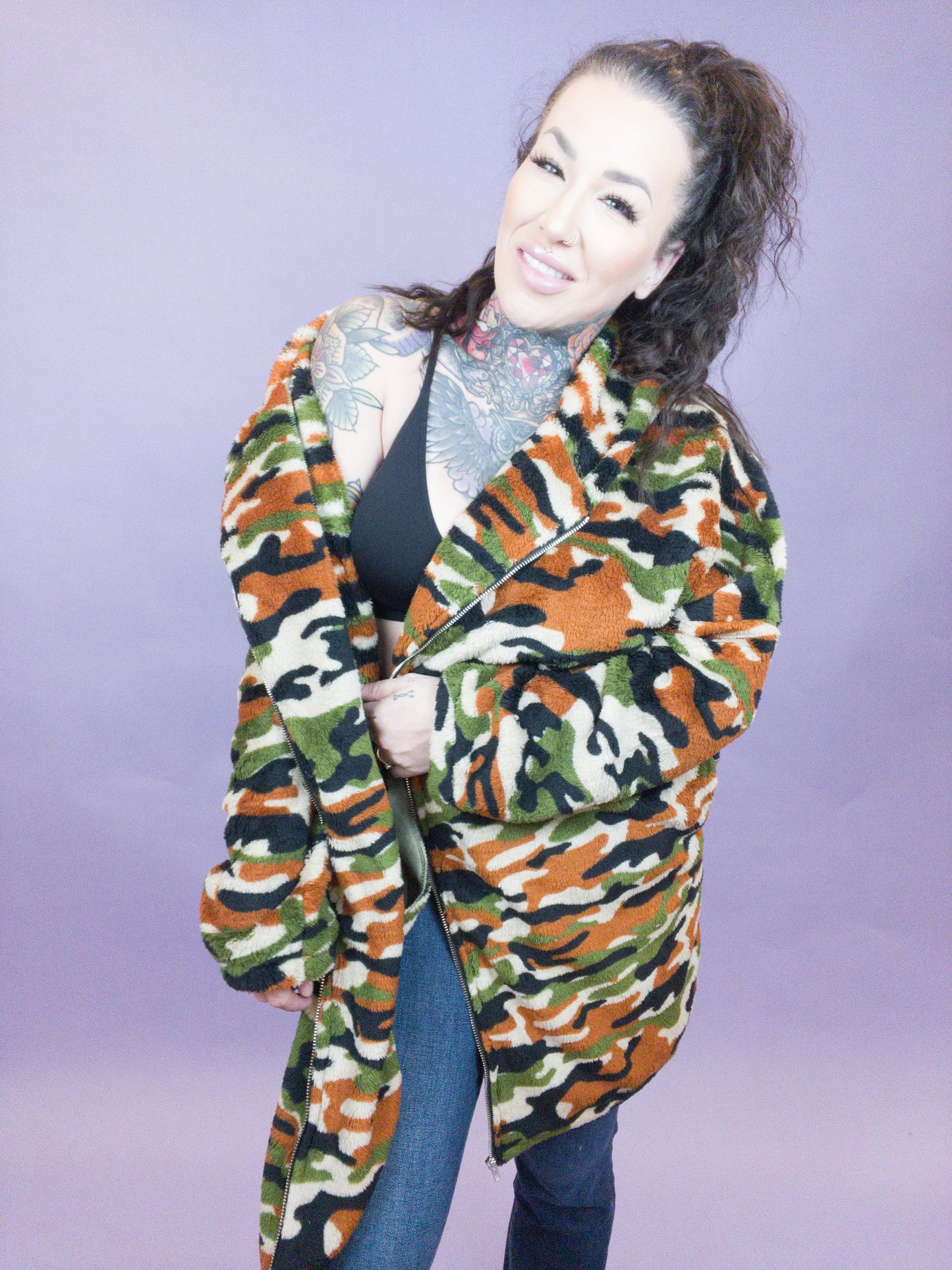 Let Me Be Real Punk Hooded Army Printed Faux Fur Coat