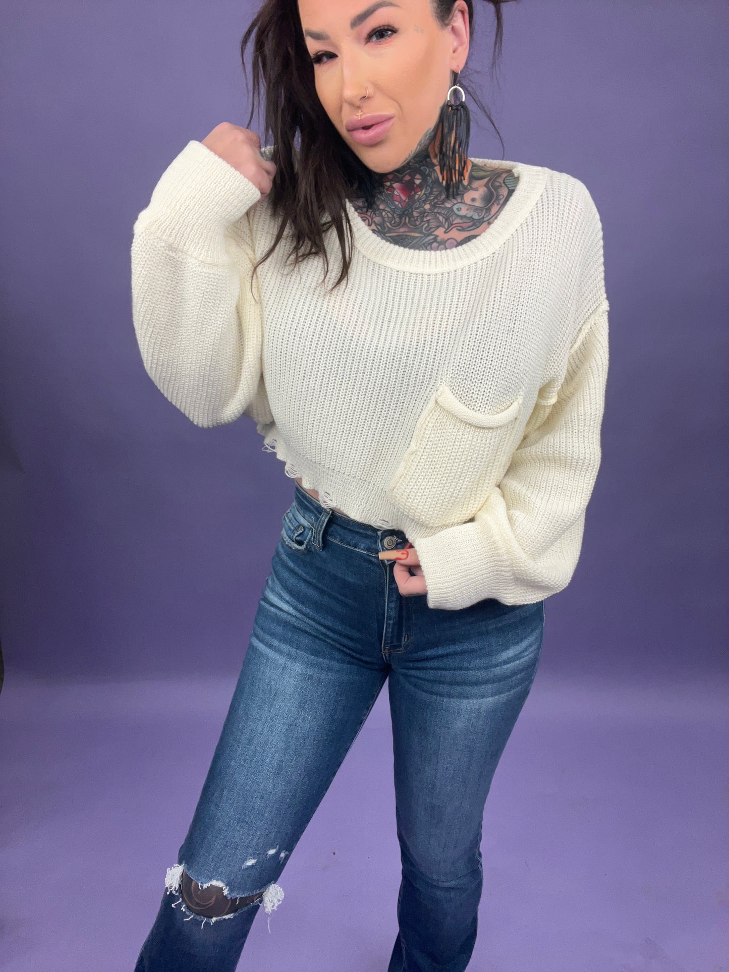 Writing My Own Story Distressed Cropped Round Neck Sweater