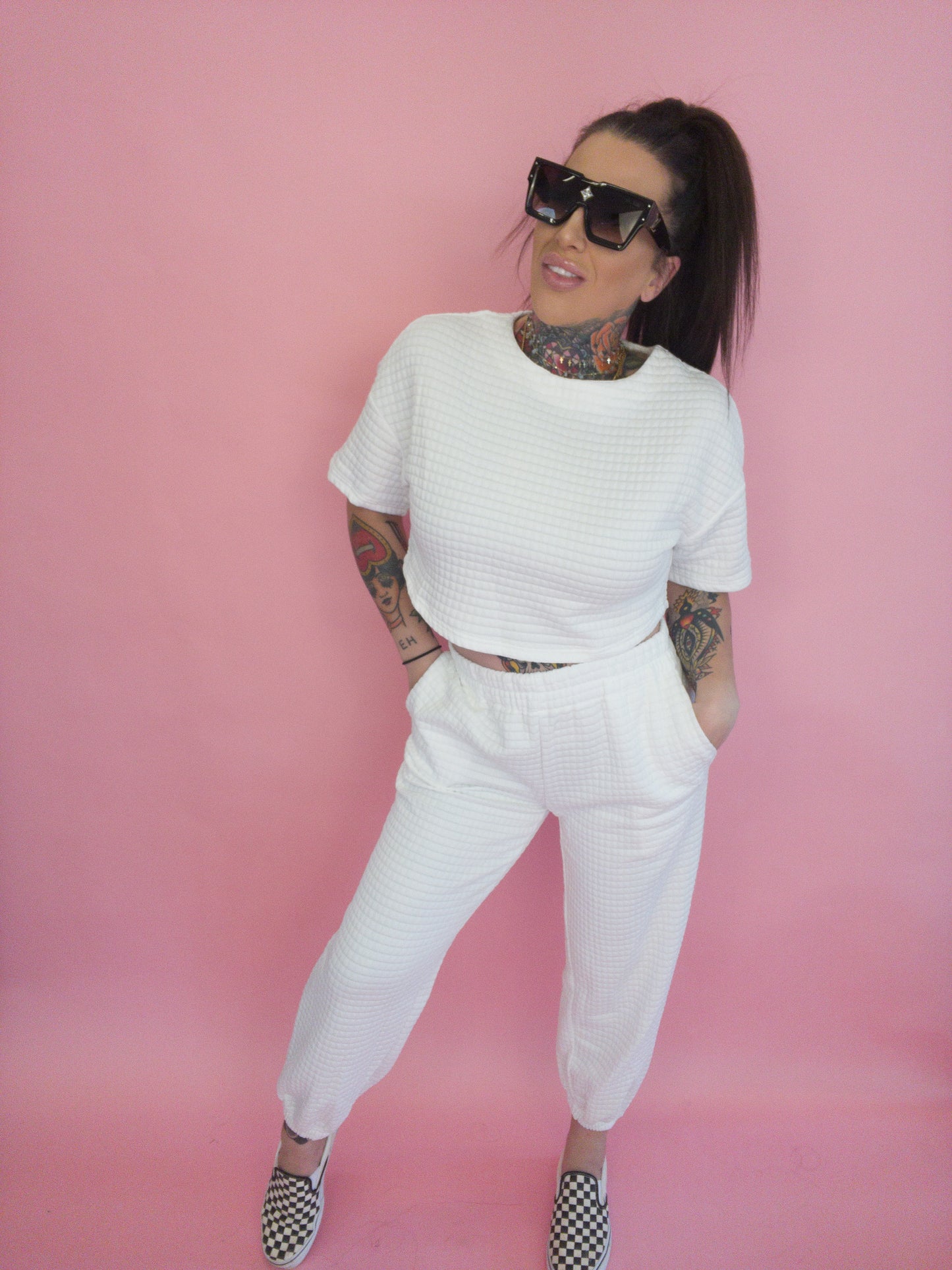 Vitamin D White Textured Cropped Tee Jogger Set