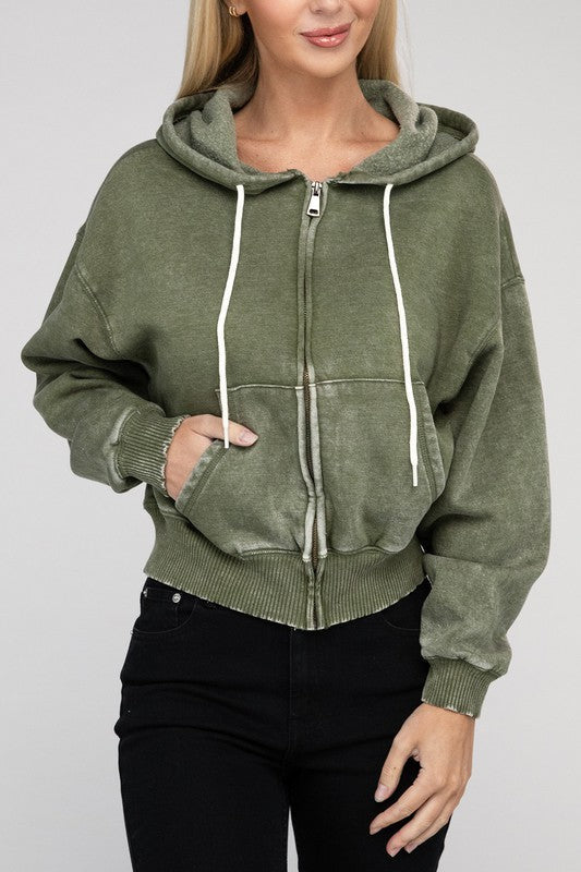 Acid Wash Fleece Cropped Zip-Up Hoodie (Multiple Colors)