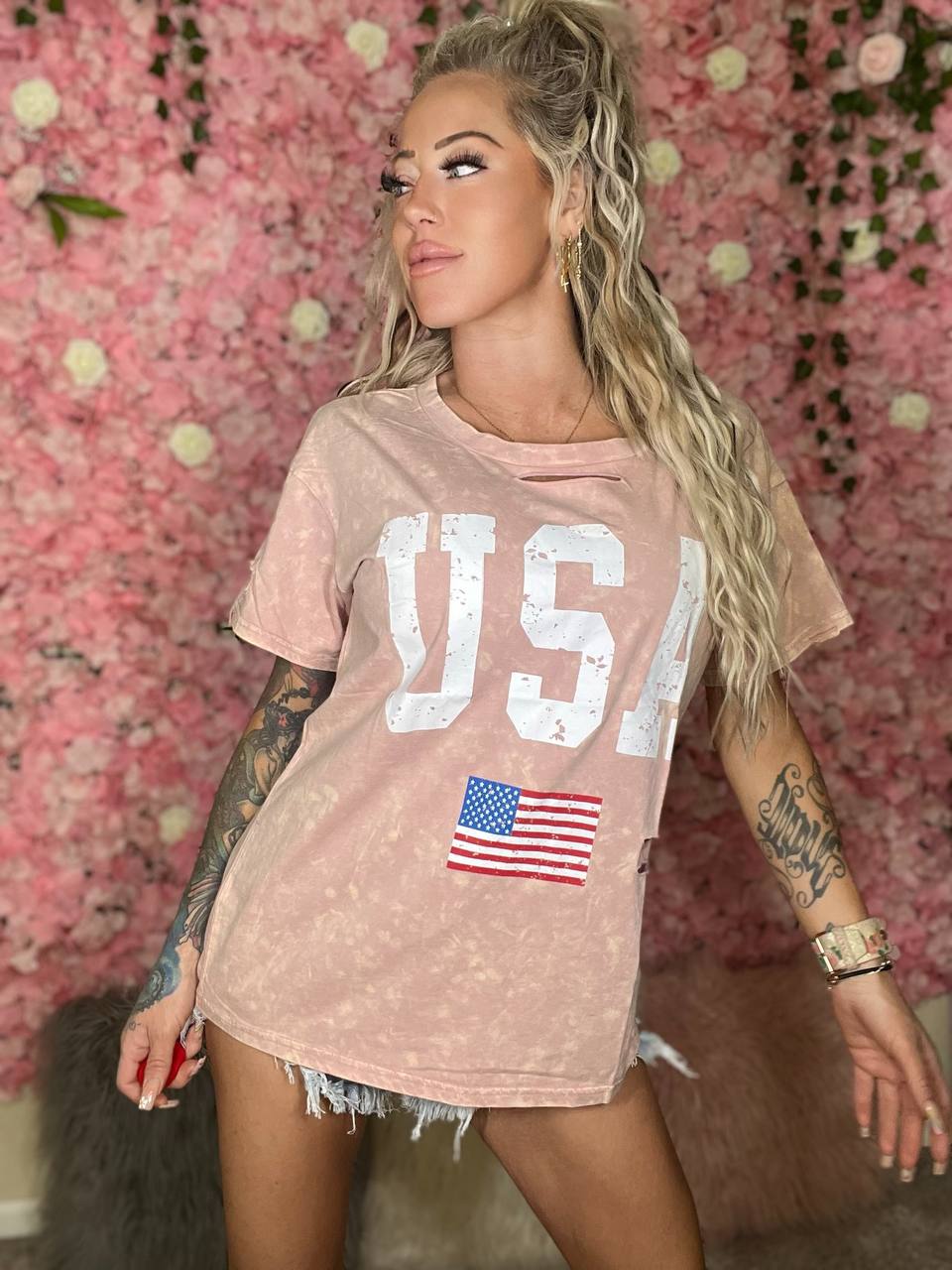 BiBi Stand For Freedom Washed American Flag Graphic Distressed T-Shirt