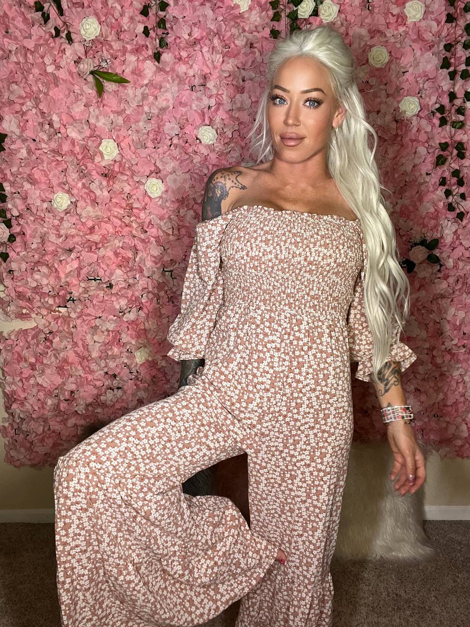 Grateful Nature Floral Smocked Flounce Sleeve Square Neck Jumpsuit - BP