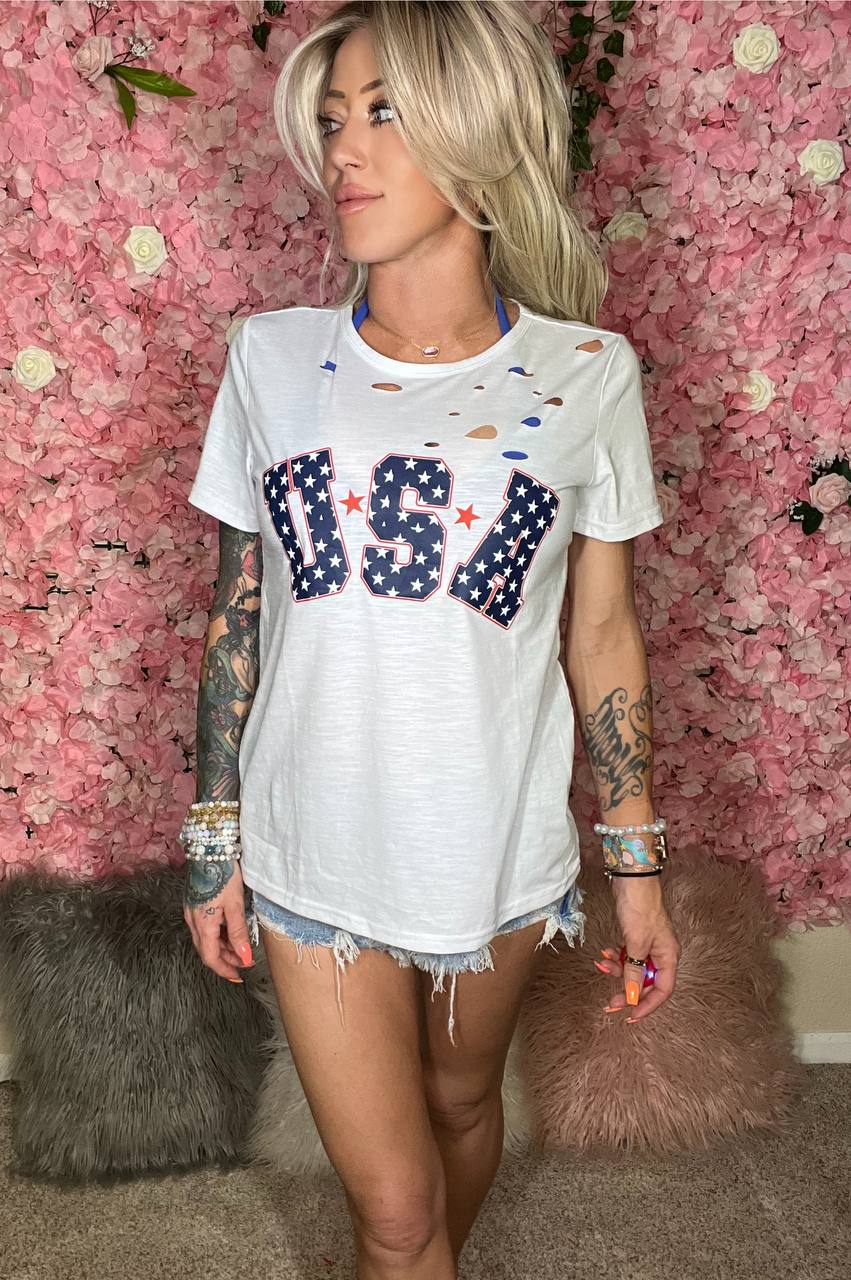 Living With Liberty Distressed USA Round Neck Short Sleeve T-Shirt