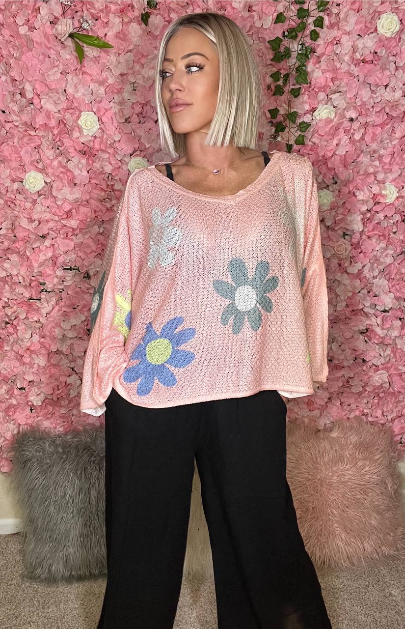 Simply Stated Flower Dropped Shoulder Long Sleeve Knit Top (POL)