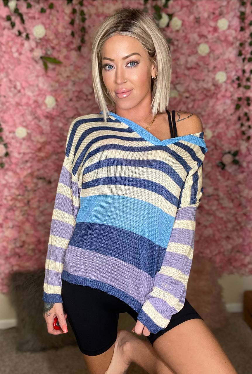 Beneath The Surface Striped Color Block  Hooded Knit Top (BiBi)