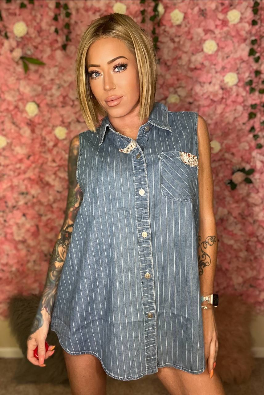 Say Hello To My Little Friend (POL) Button Down Sleeveless Striped Denim Shirt