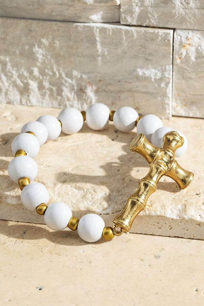 Always Giving Praise Cross Wood Beaded Bracelet