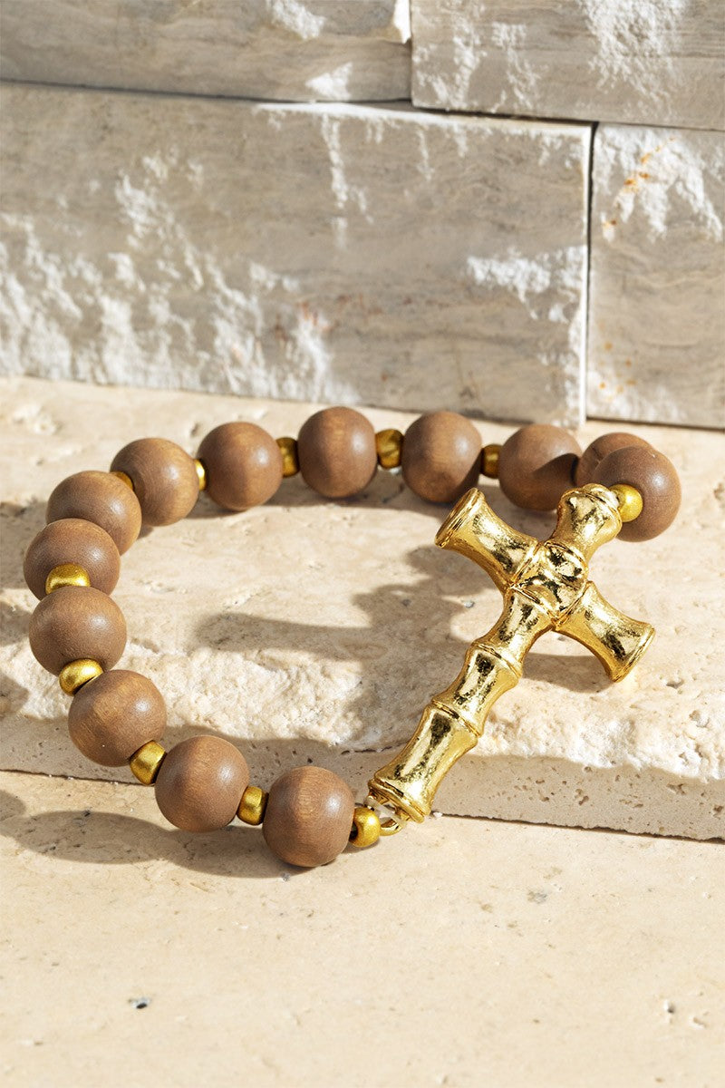 Always Giving Praise Cross Wood Beaded Bracelet