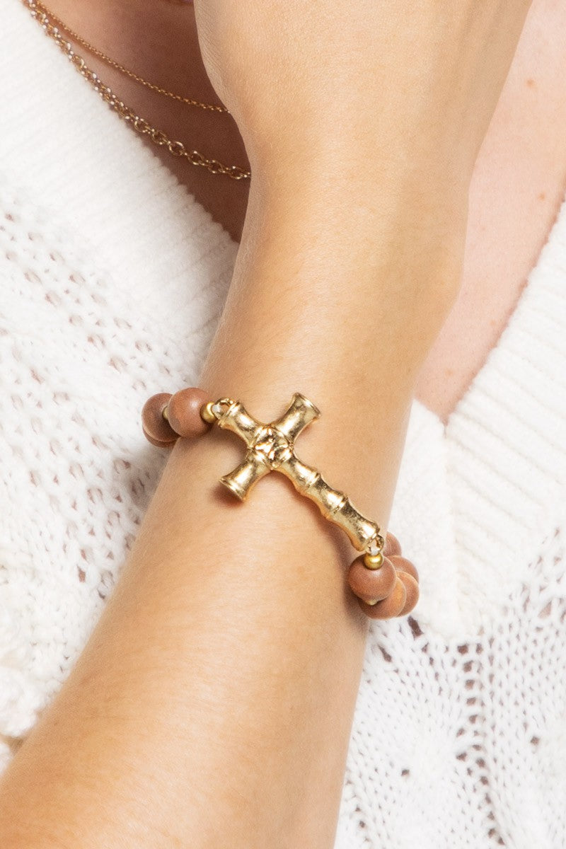 Always Giving Praise Cross Wood Beaded Bracelet