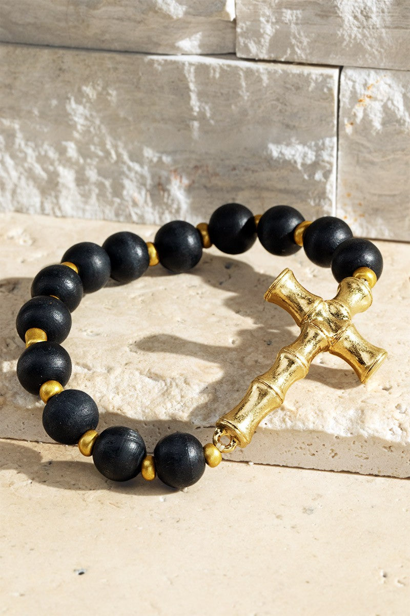 Always Giving Praise Cross Wood Beaded Bracelet