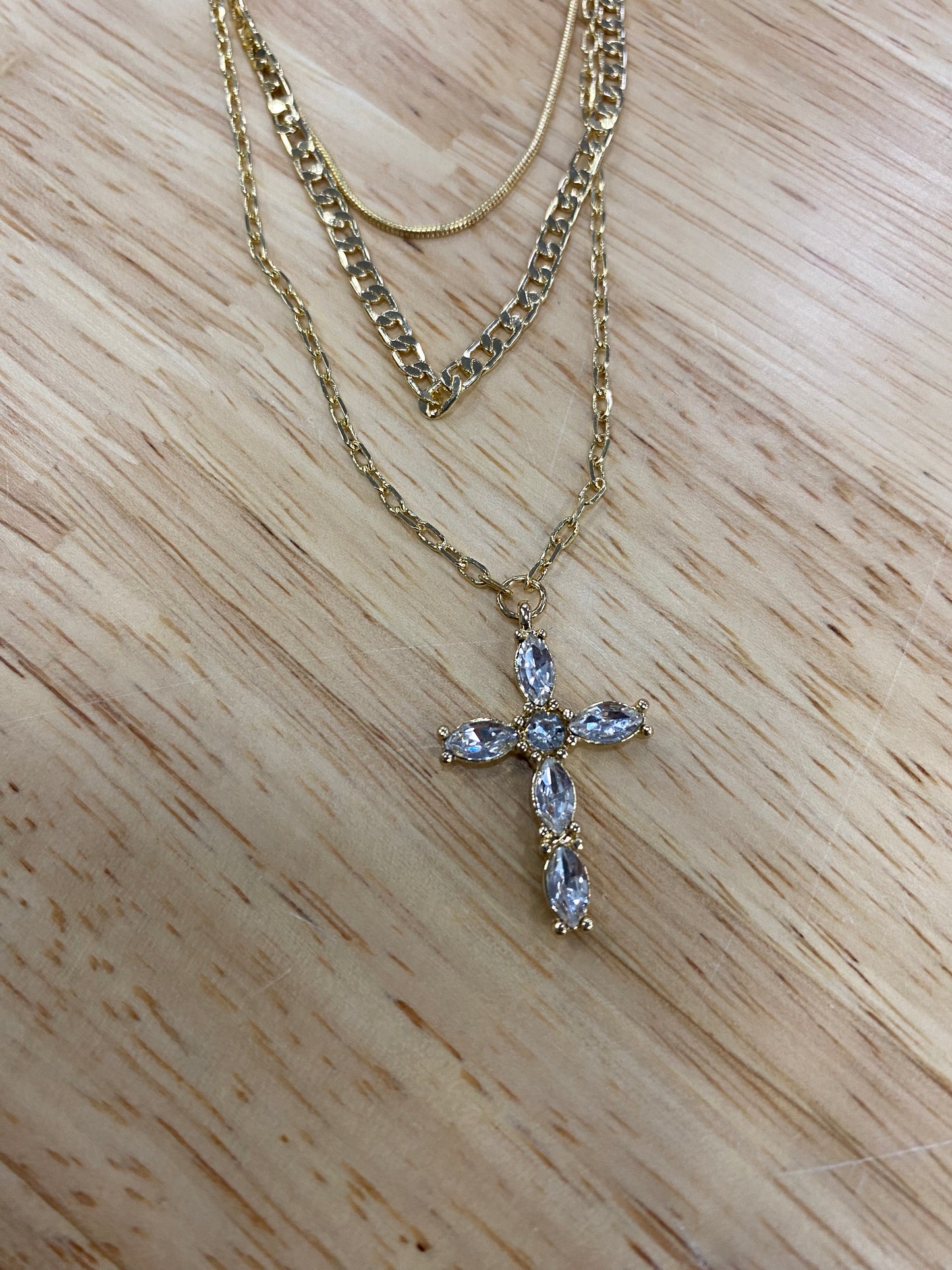 Metal Rhinestone Cross Pendant Layered Necklace