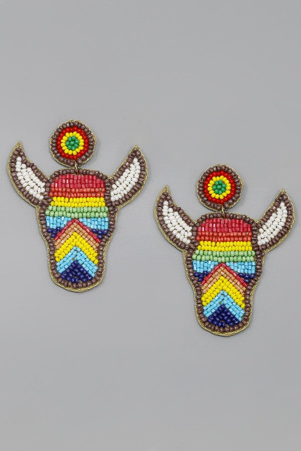 Rockstar Rainbow Steerhead Beaded Earrings