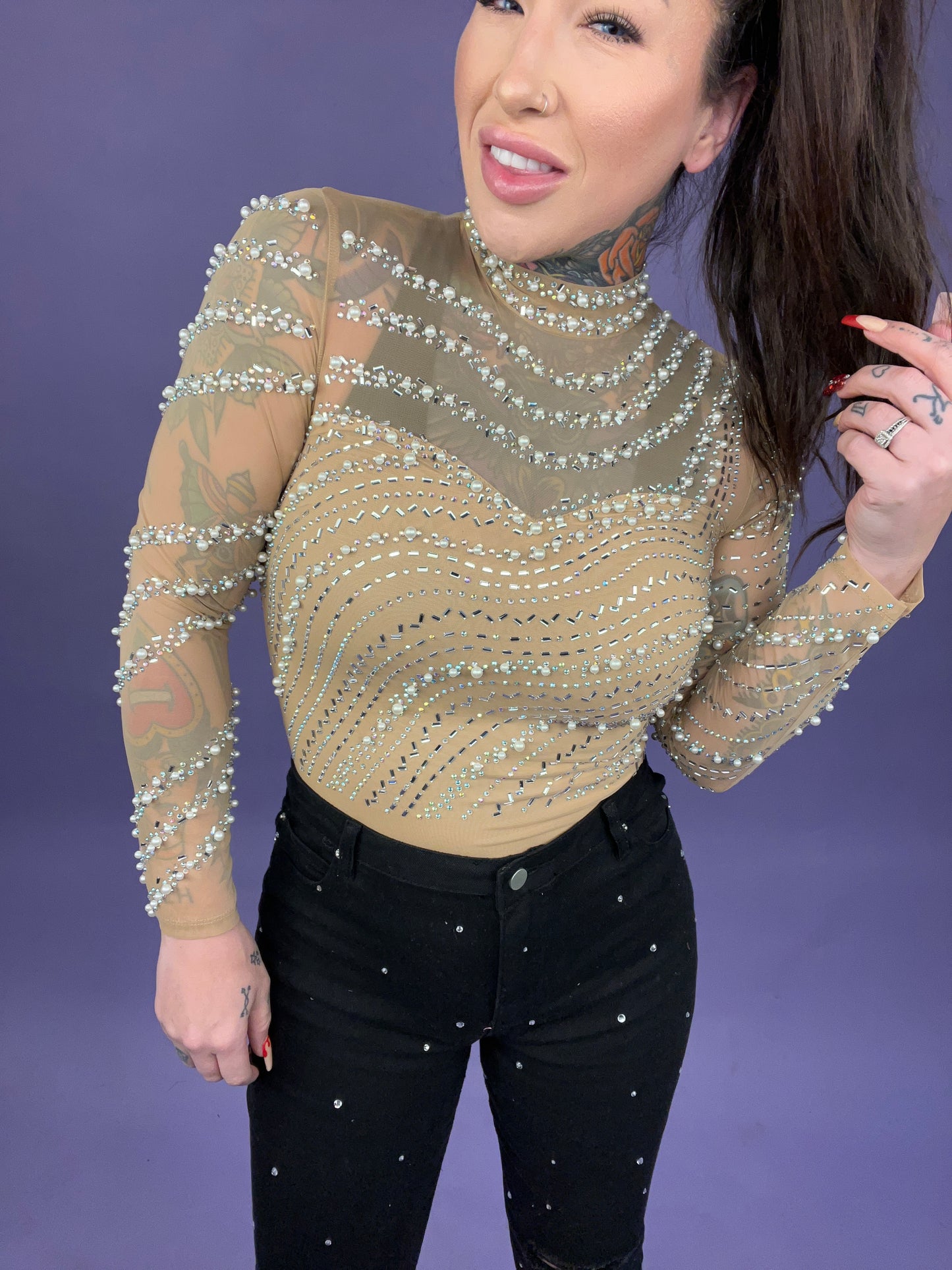 Delectable Diva Nude Rhinestone & Pearl Studded Bodysuit