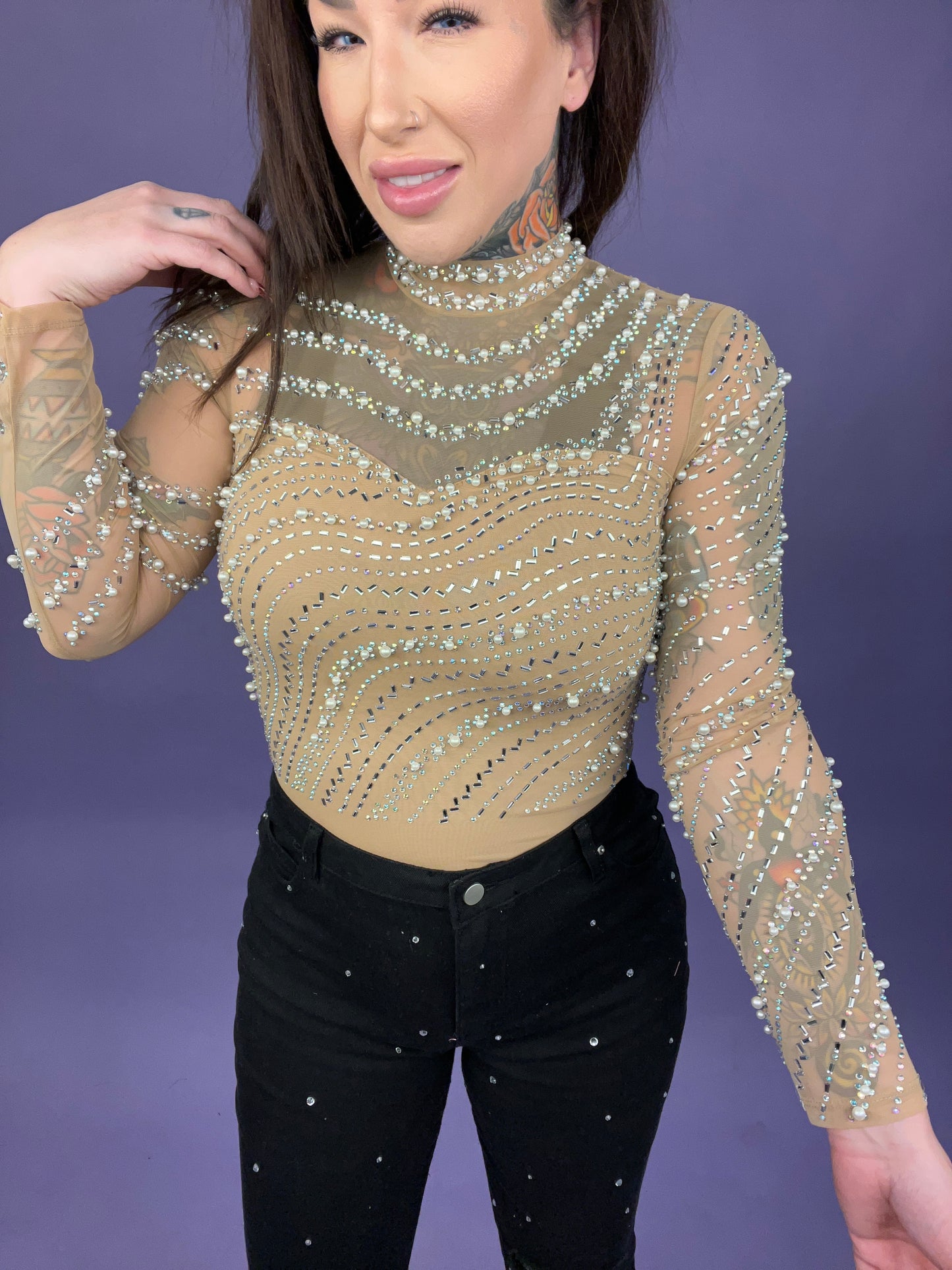 Delectable Diva Nude Rhinestone & Pearl Studded Bodysuit