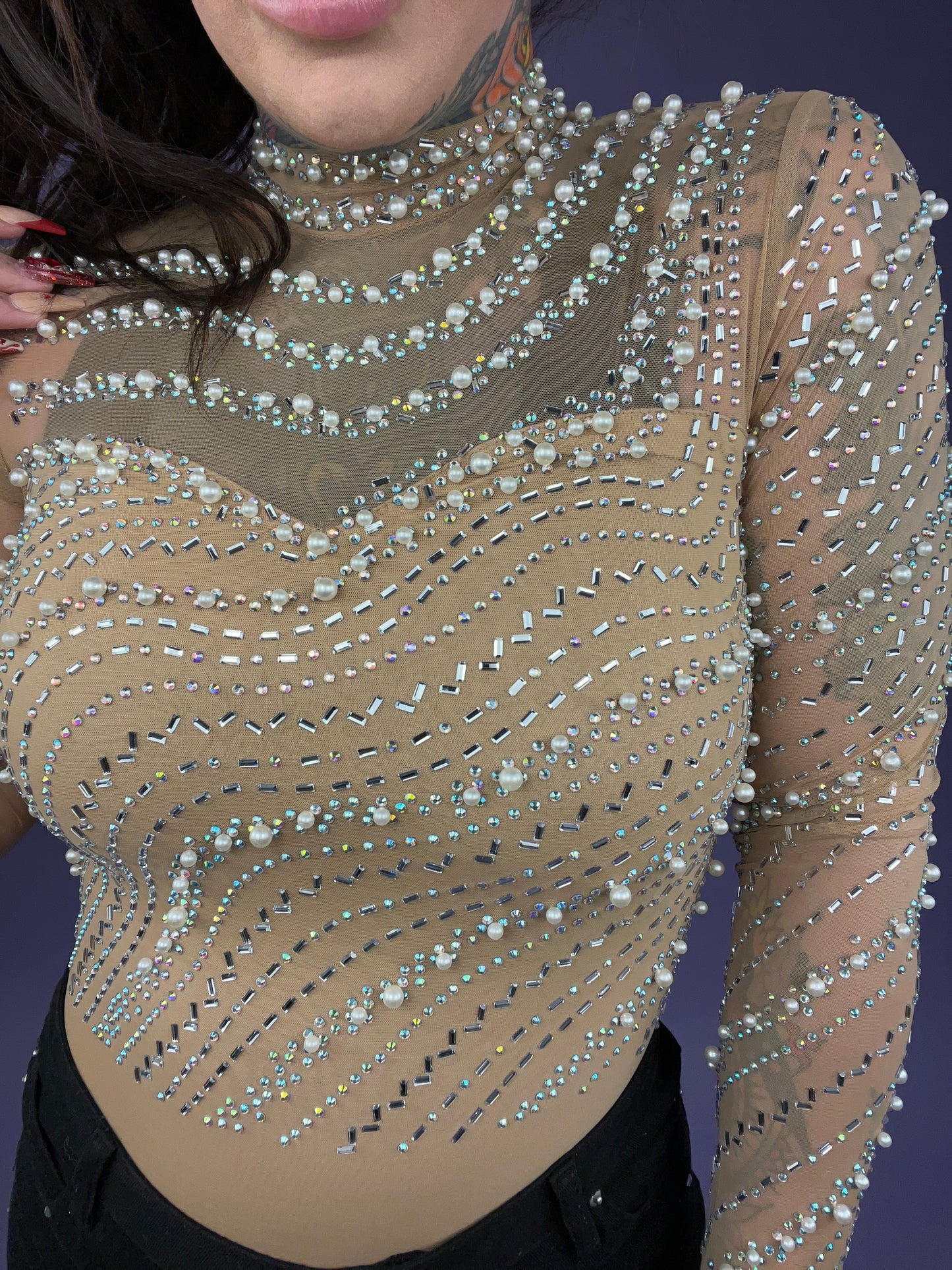 Delectable Diva Nude Rhinestone & Pearl Studded Bodysuit