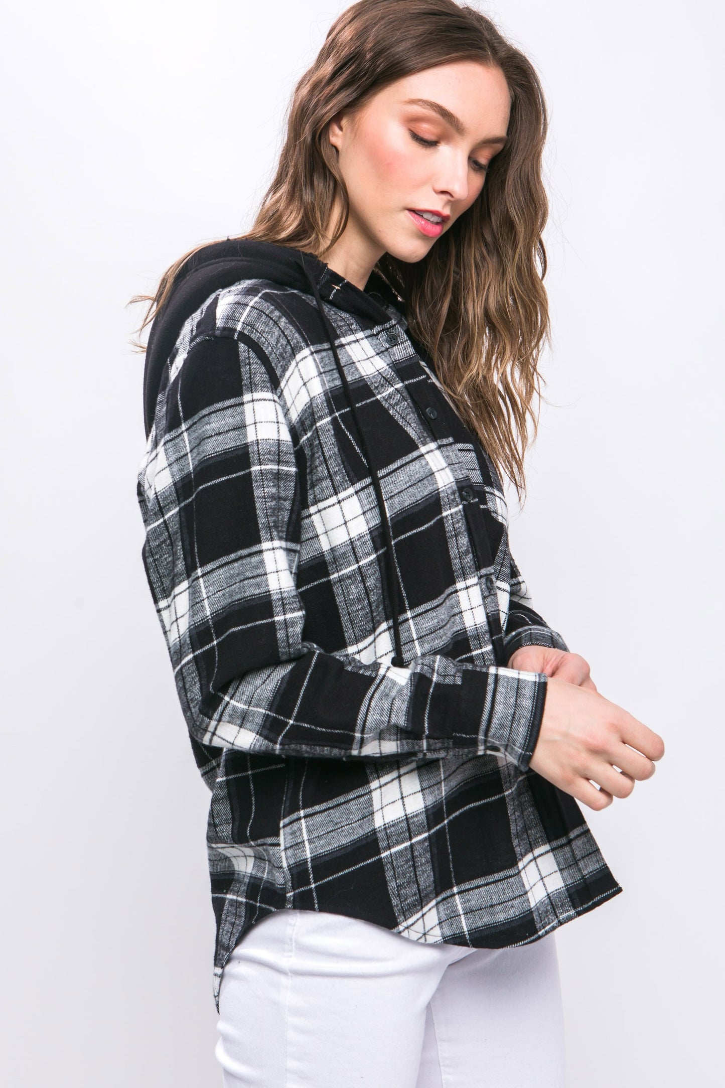 Mountain Ridge Plaid Flannel Button Up Shacket with Hood