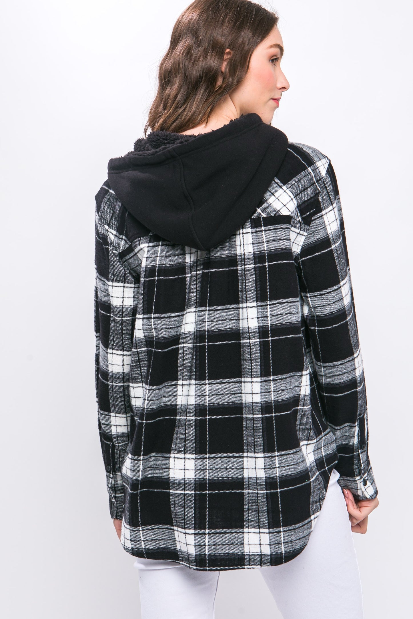 Mountain Ridge Plaid Flannel Button Up Shacket with Hood