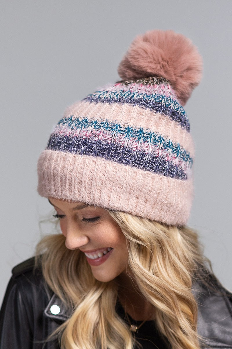 Merry & Bright Metallic Striped Pompom Beanie