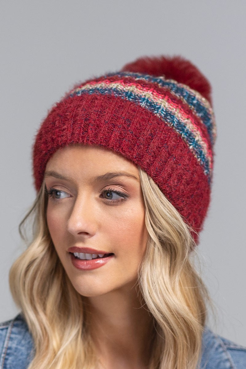 Merry & Bright Metallic Striped Pompom Beanie