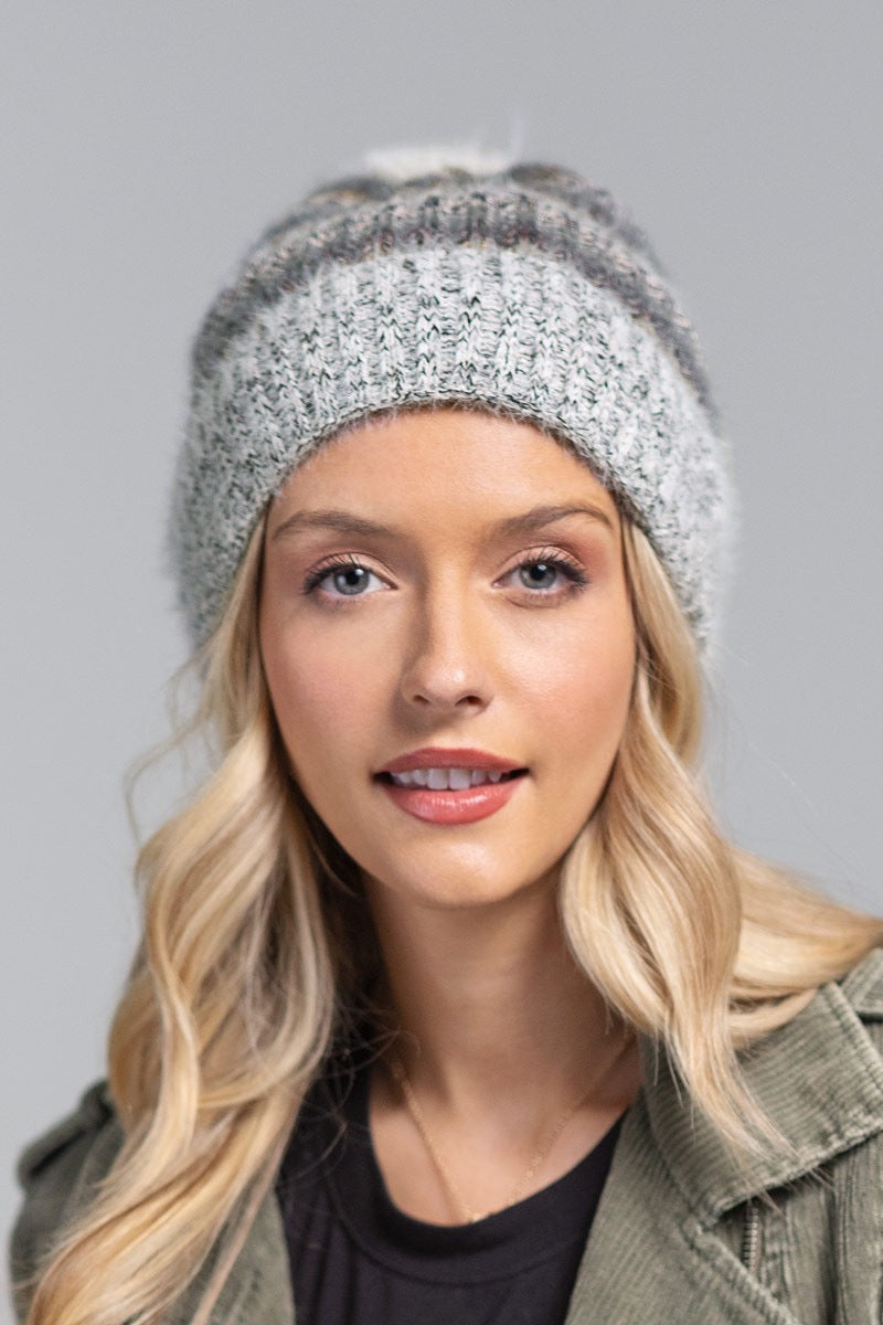 Merry & Bright Metallic Striped Pompom Beanie