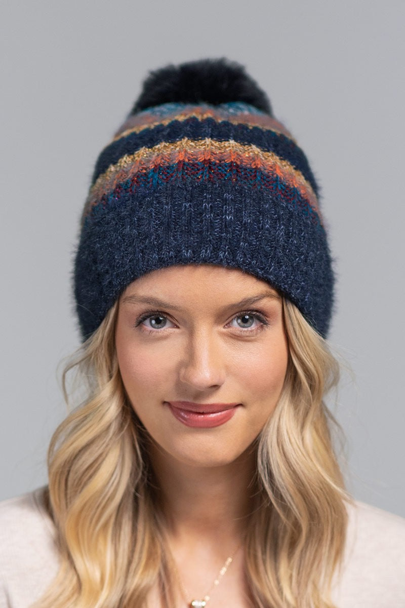 Merry & Bright Metallic Striped Pompom Beanie