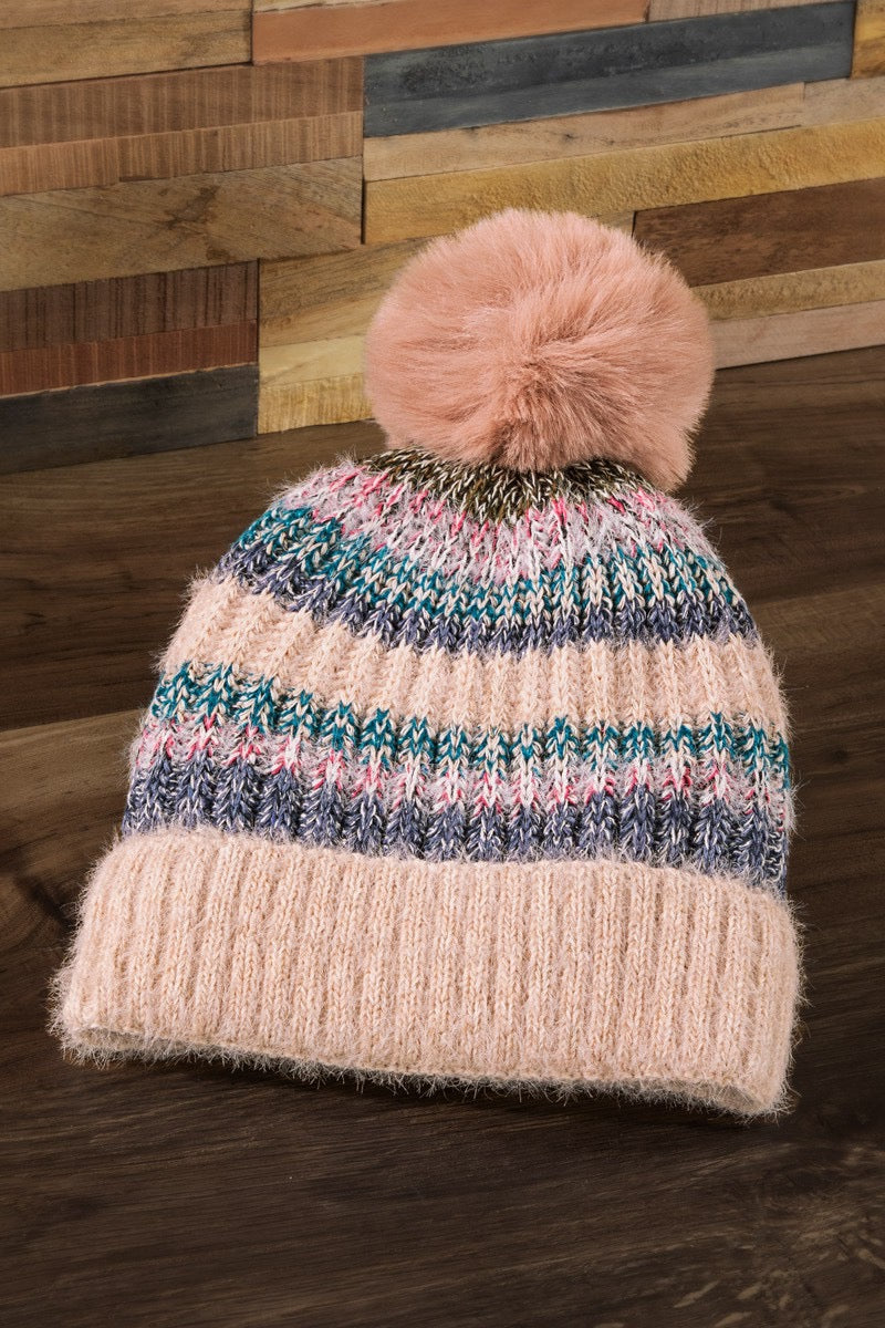 Merry & Bright Metallic Striped Pompom Beanie